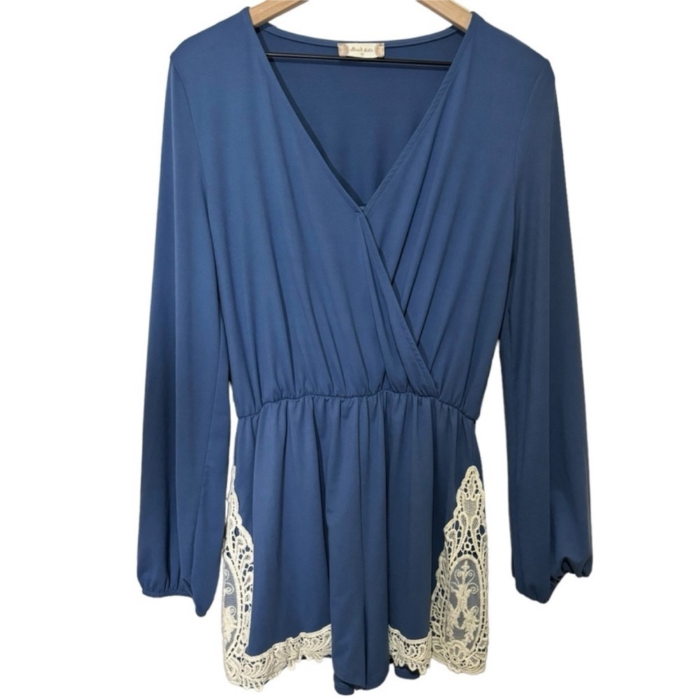 Altar’d State Blue Long Sleeve Romper with Lace Trim